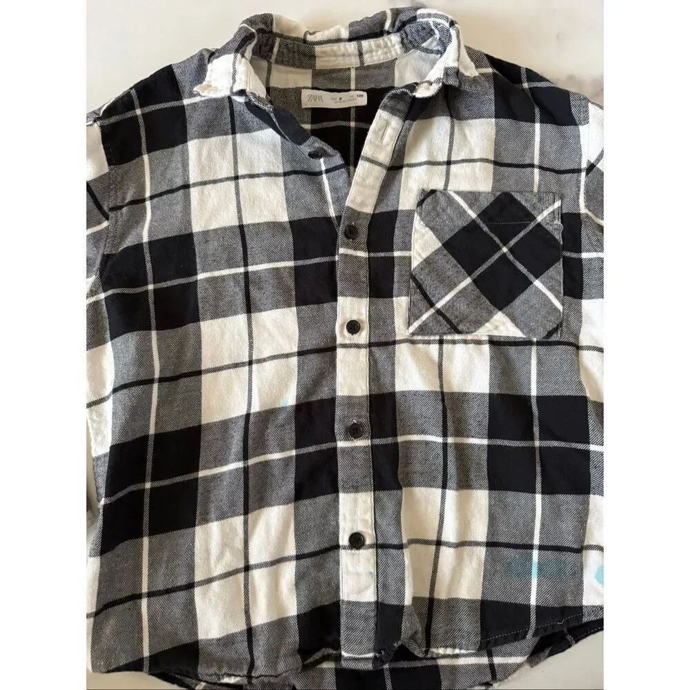 Zara boys size 8 black white buffalo plaid button up shirt